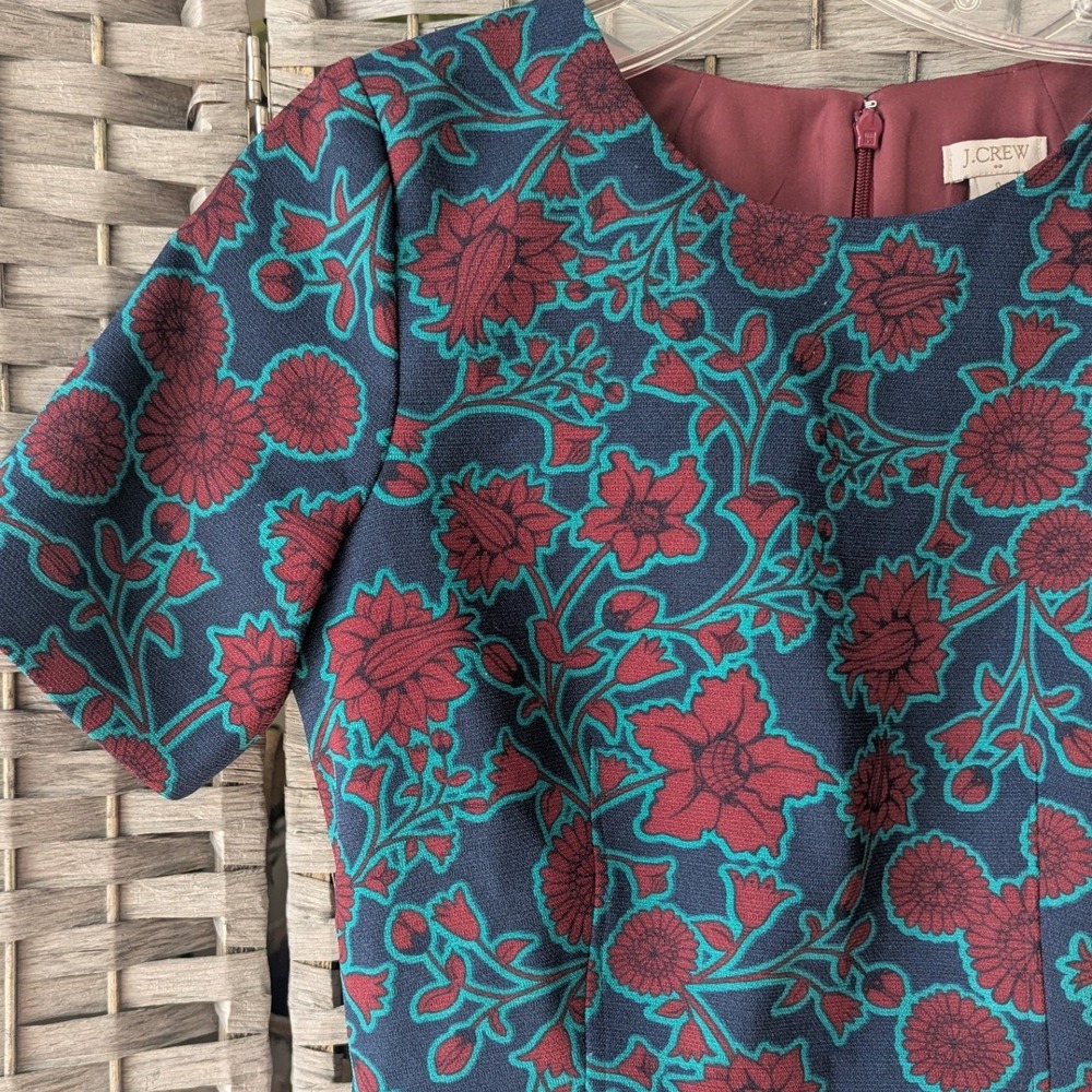 J.Crew Sheath Dress Blue Teal Burgundy Floral Print Short Sleeve Sz 0 Mod Retro‎ - Picture 2 of 11